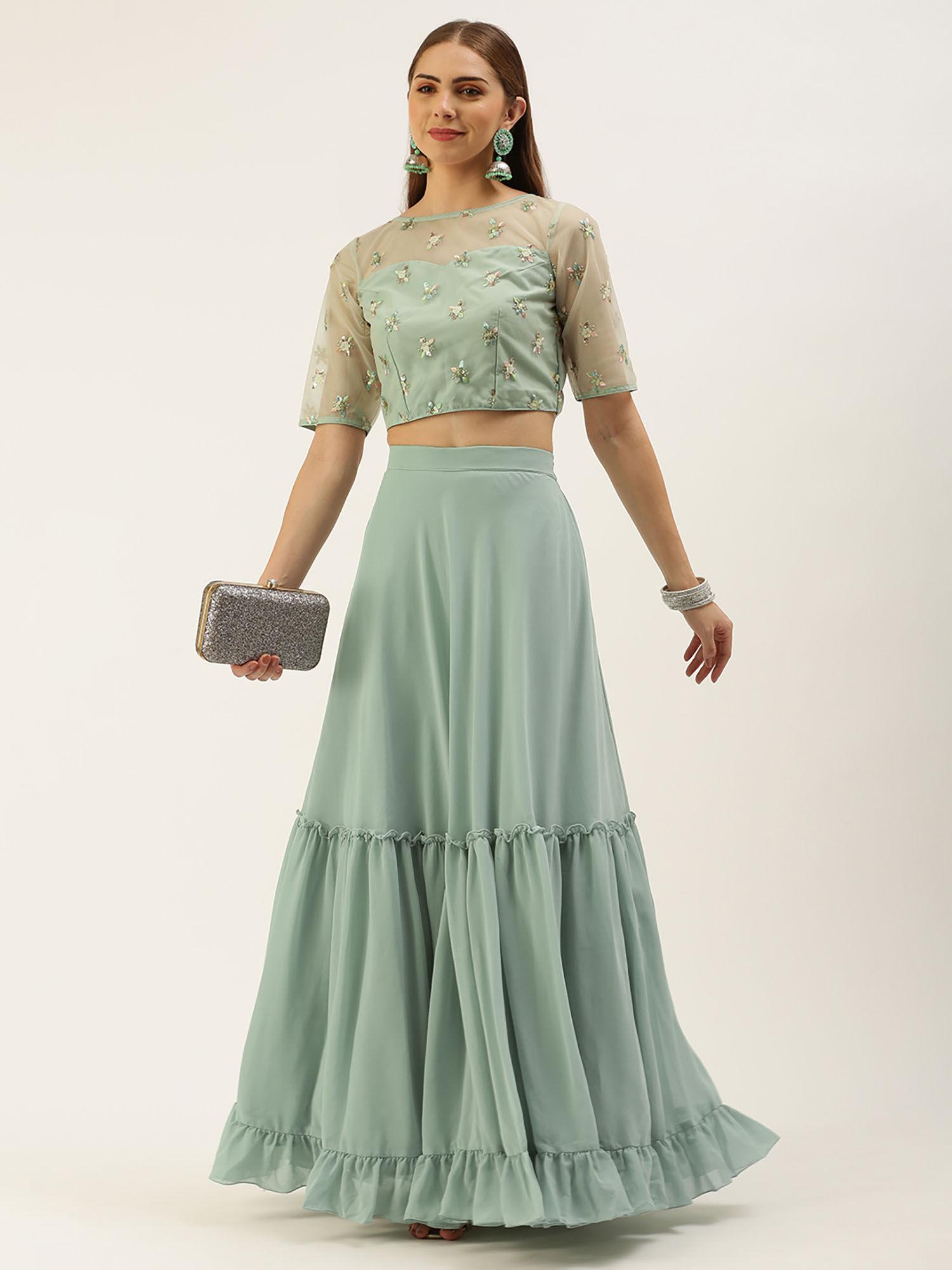 light green embroidered crop top & skirt (set of 2)