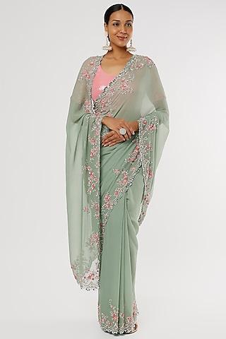 light green embroidered saree set