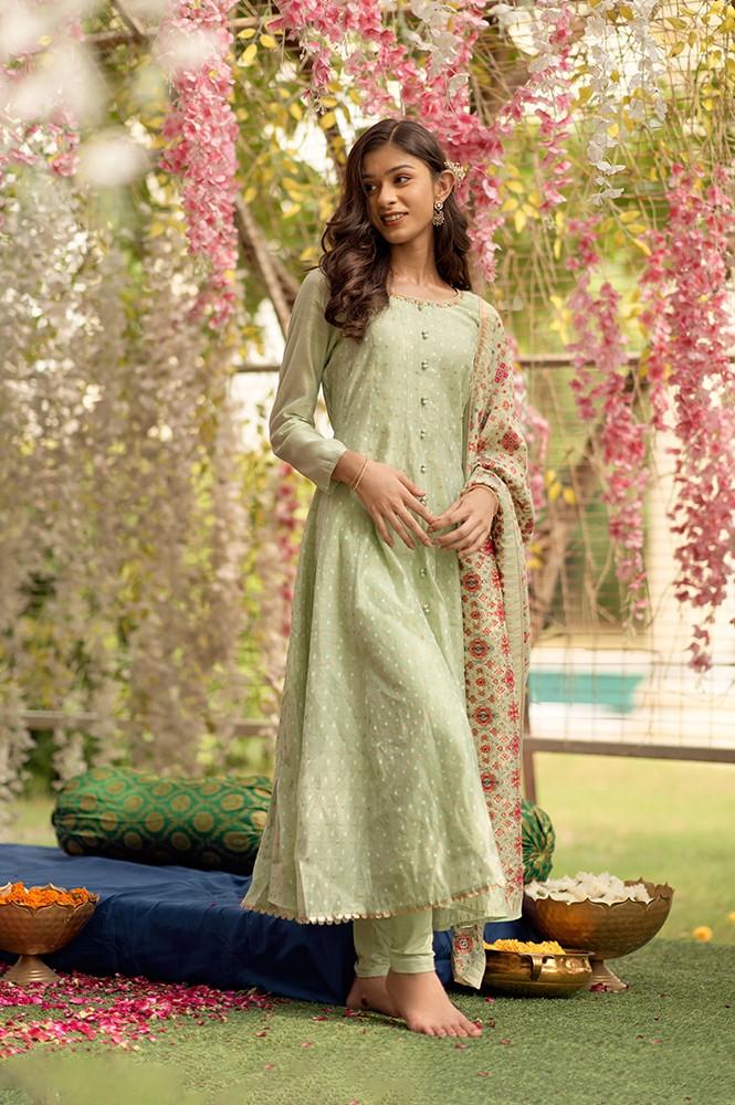 light green flared anarkali chanderi kurta, tights a& dupatta set