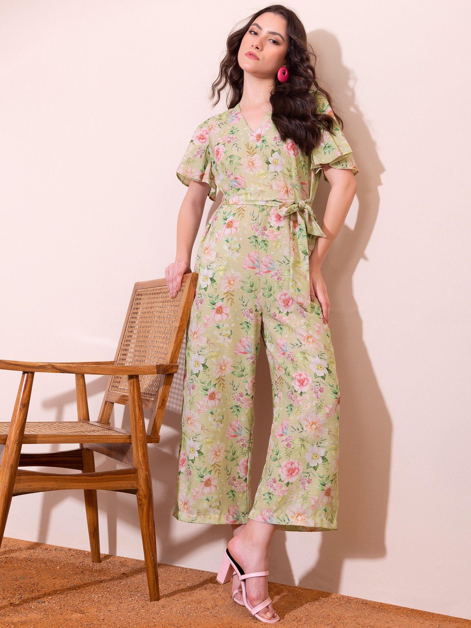 light green floral print jumpsuit with fabric belt (set of 2)