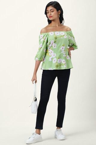 light green floral printed casual elbow sleeves strapless women regular fit top