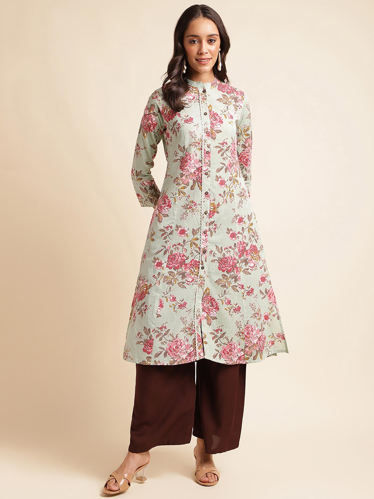 light green floral printed cotton straight kurta