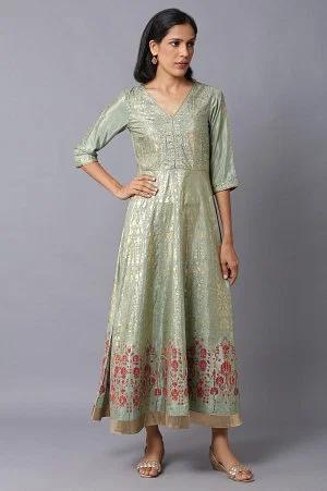 light green floral printed long flared dress
