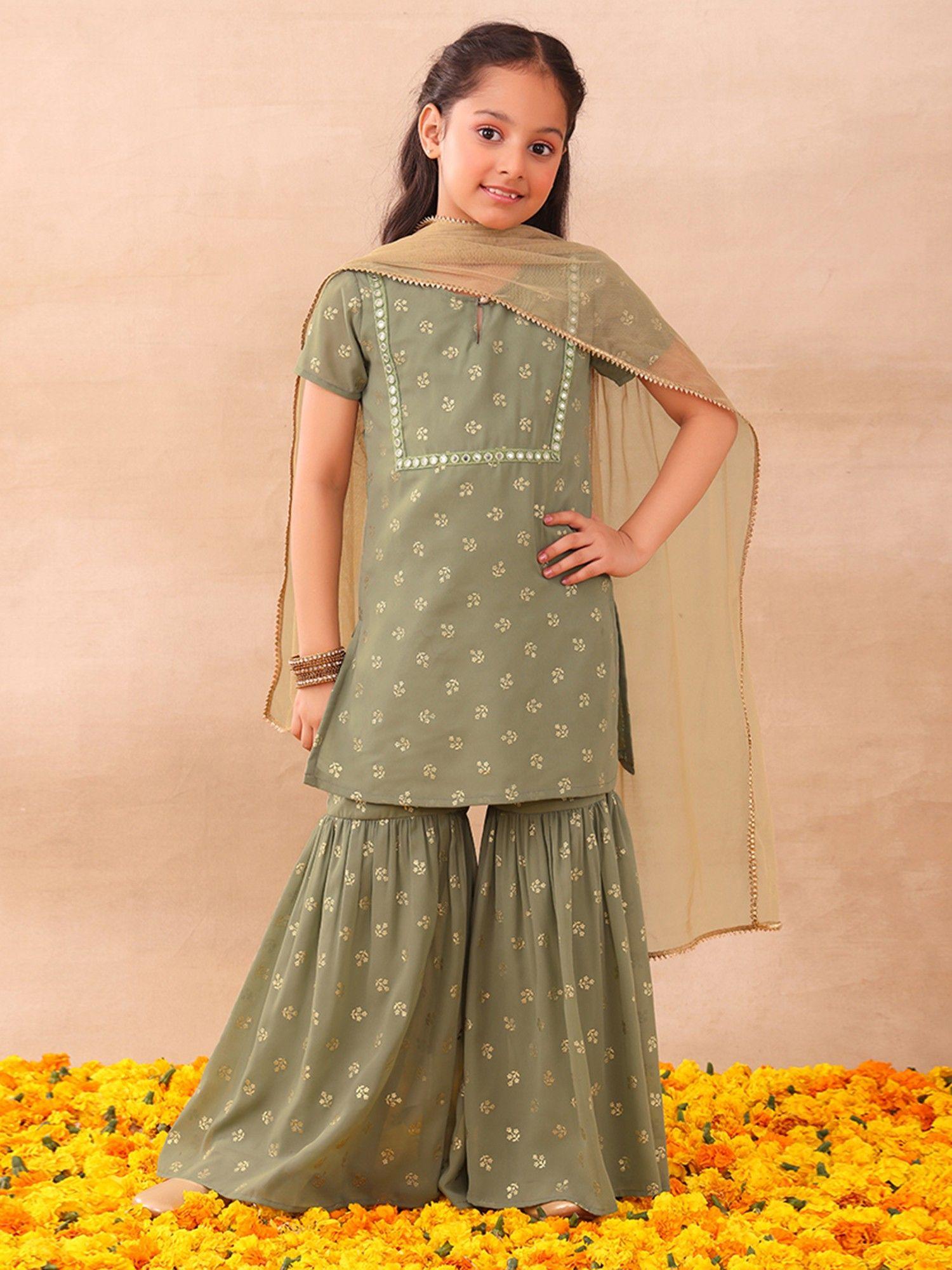 light green foil print sharara with kurta & dupatta (set of 3)