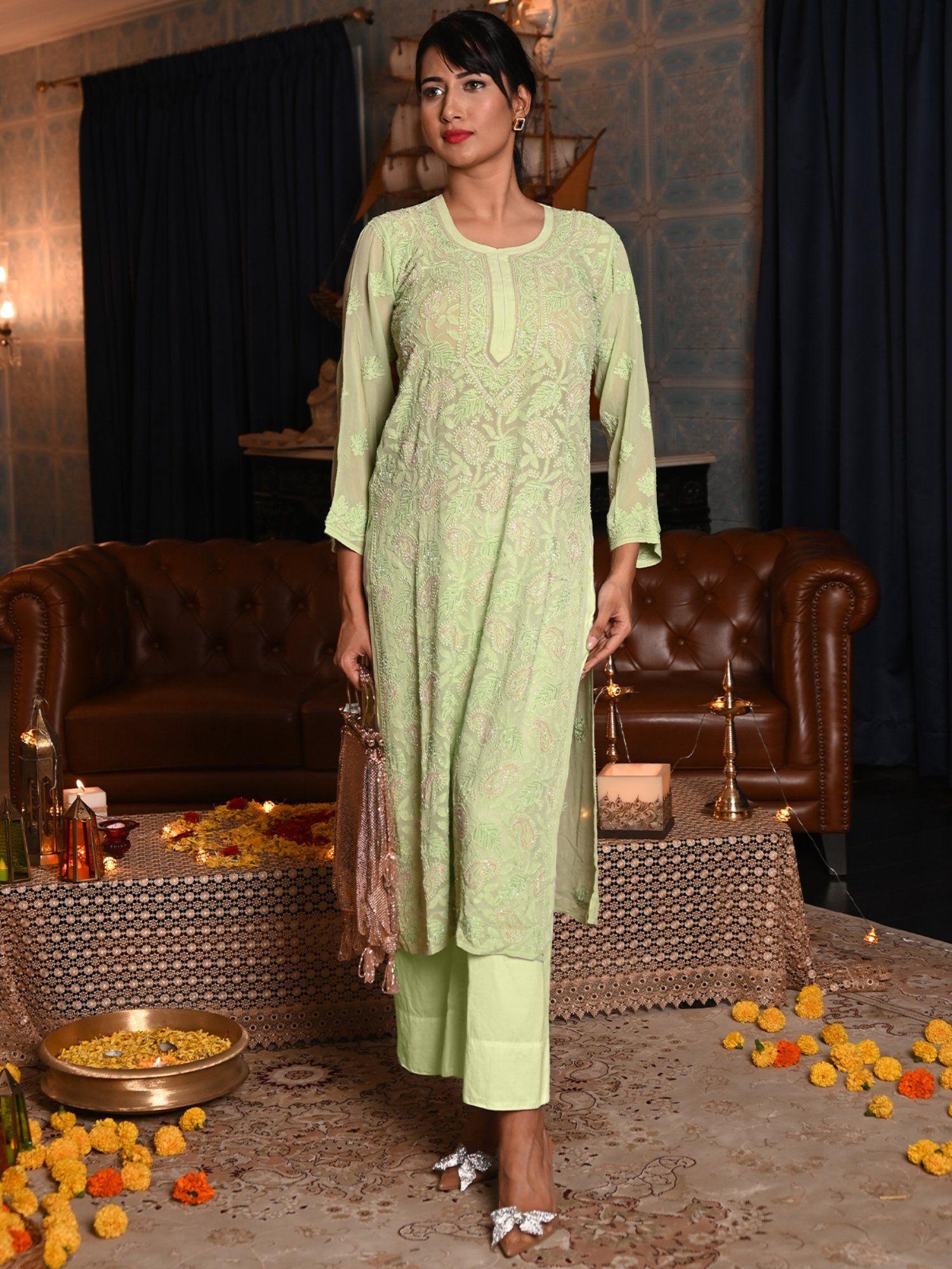 light green georgette chikankari beads embroidered stitched kurta