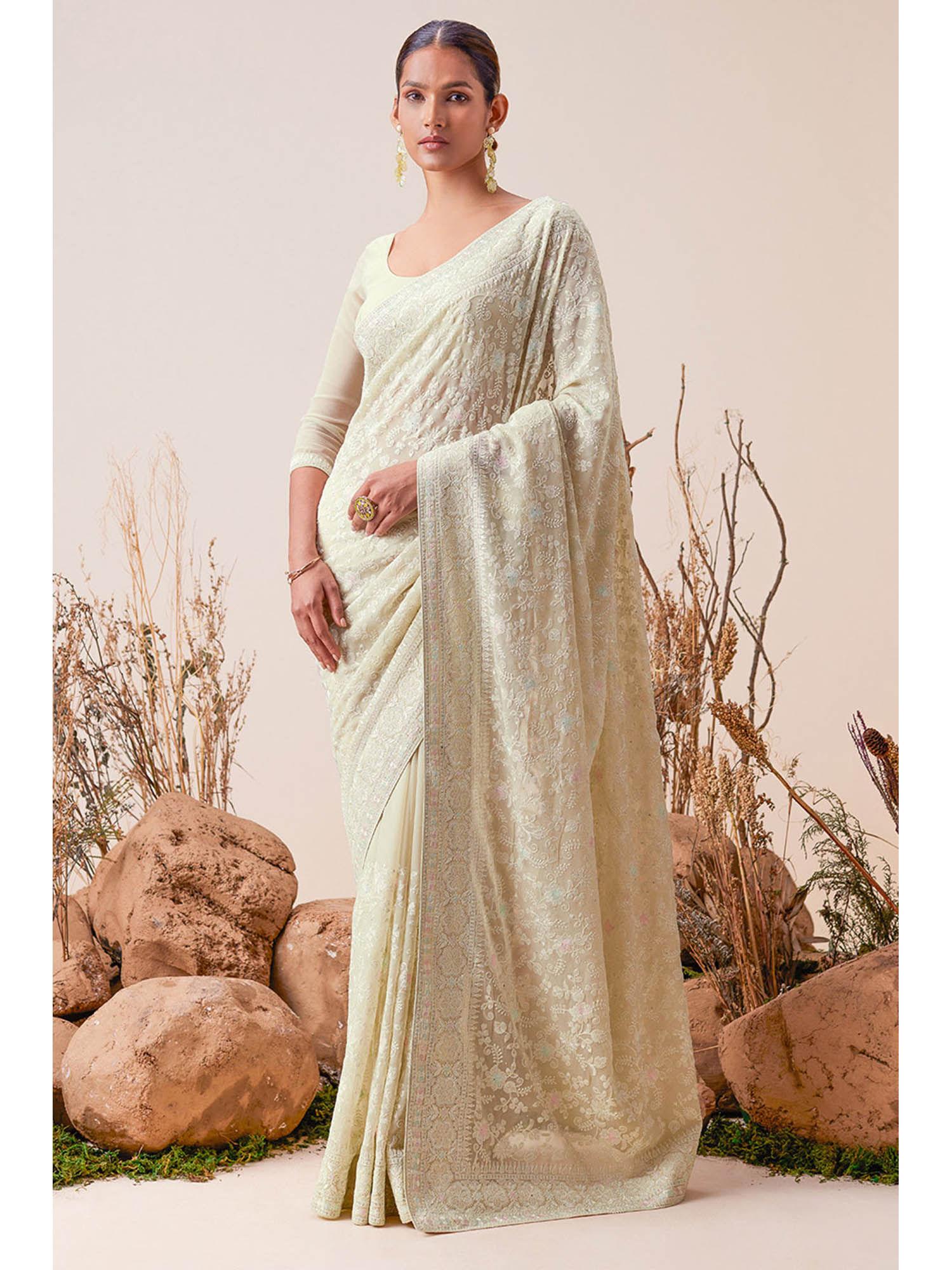 light green georgette floral embroidery and stones saree with unstitched blouse