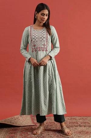 light green hand block print kurta with embroidery