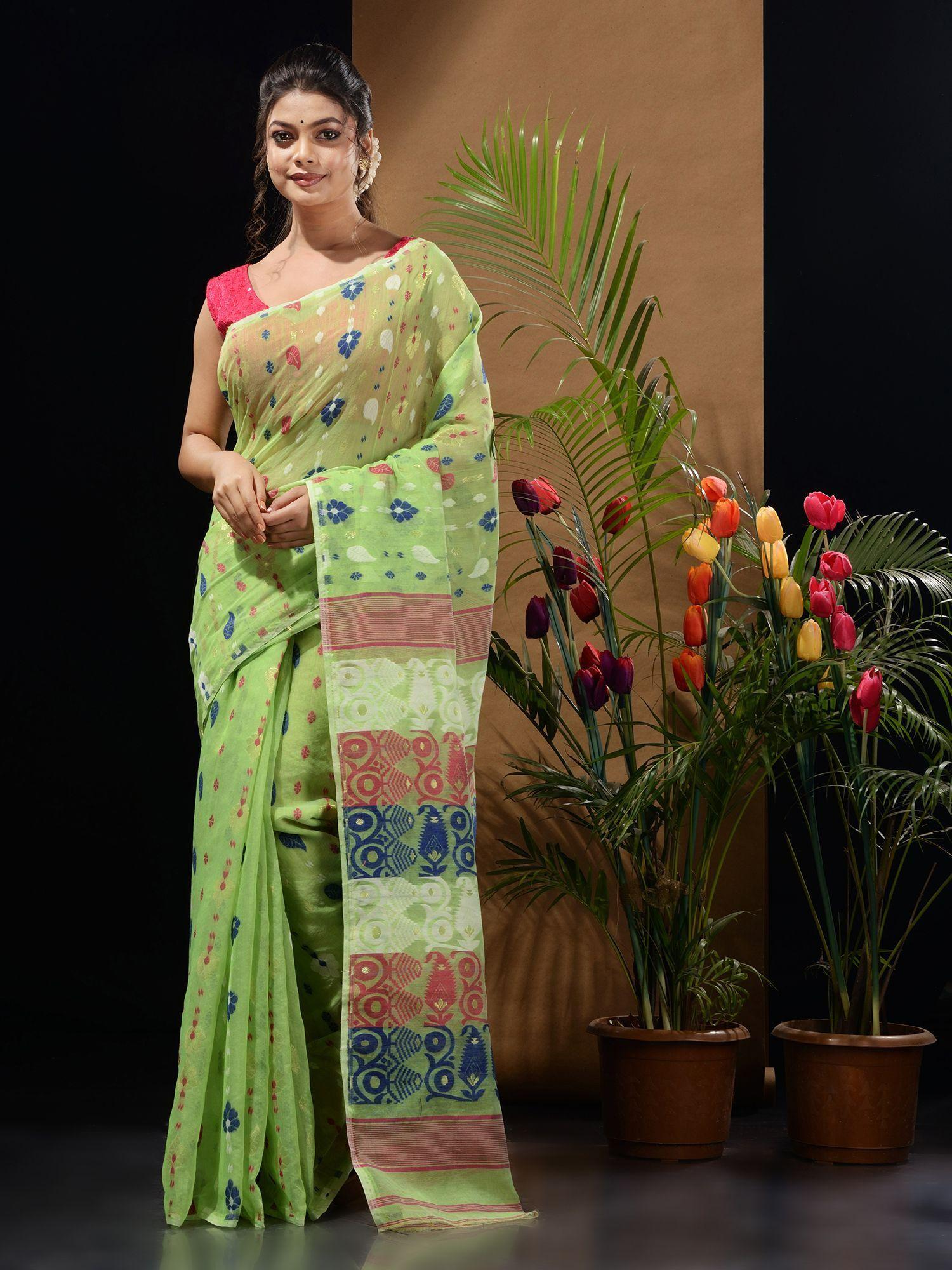 light green handwoven saree with multicolor woven designs & motifs