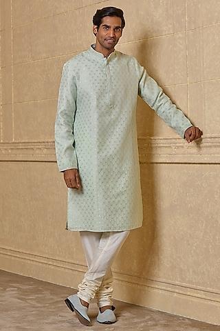 light green linen polyester thread embroidered kurta set