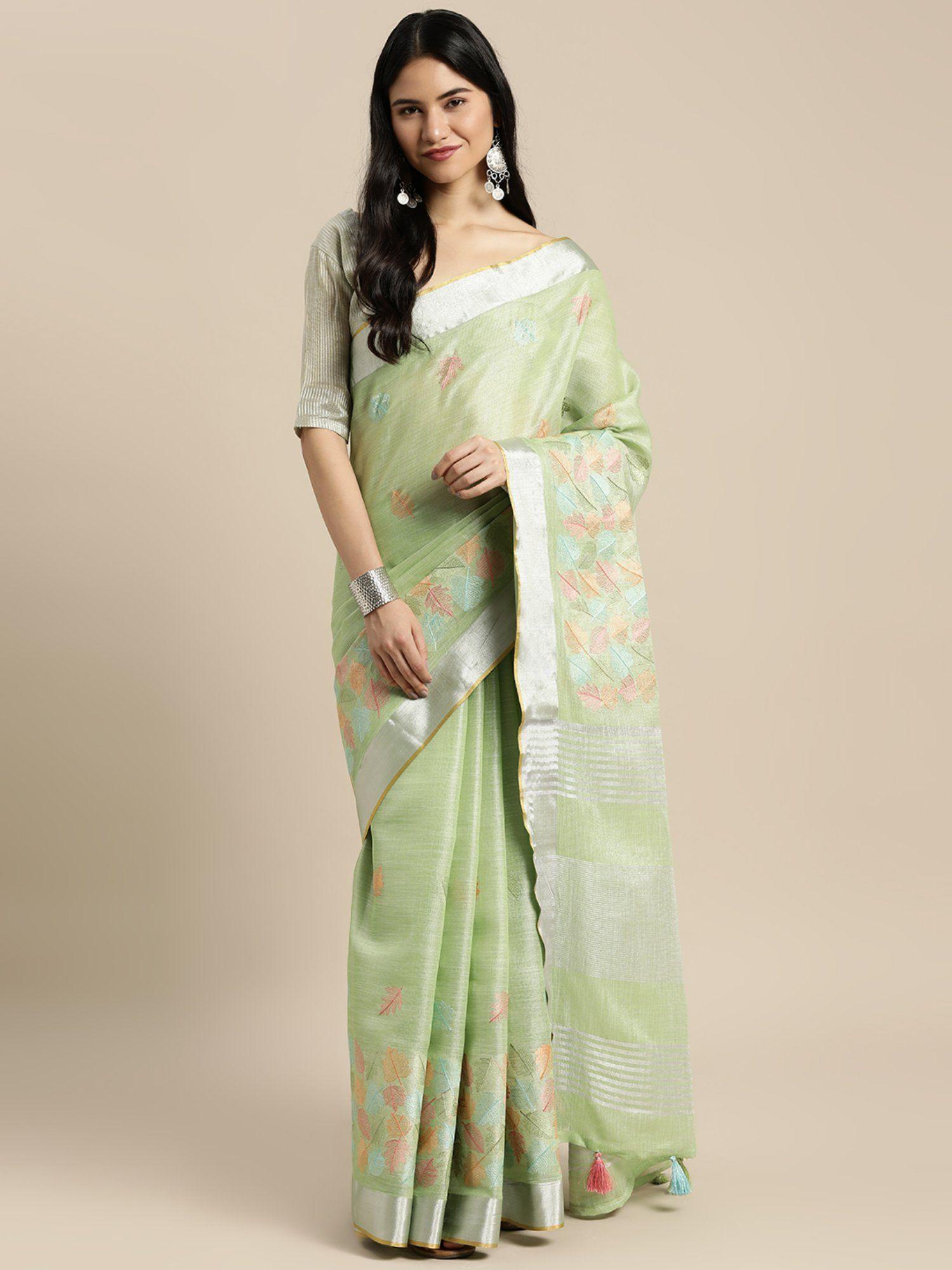 light green linen resham dori work traditional tassle saree with unstitched