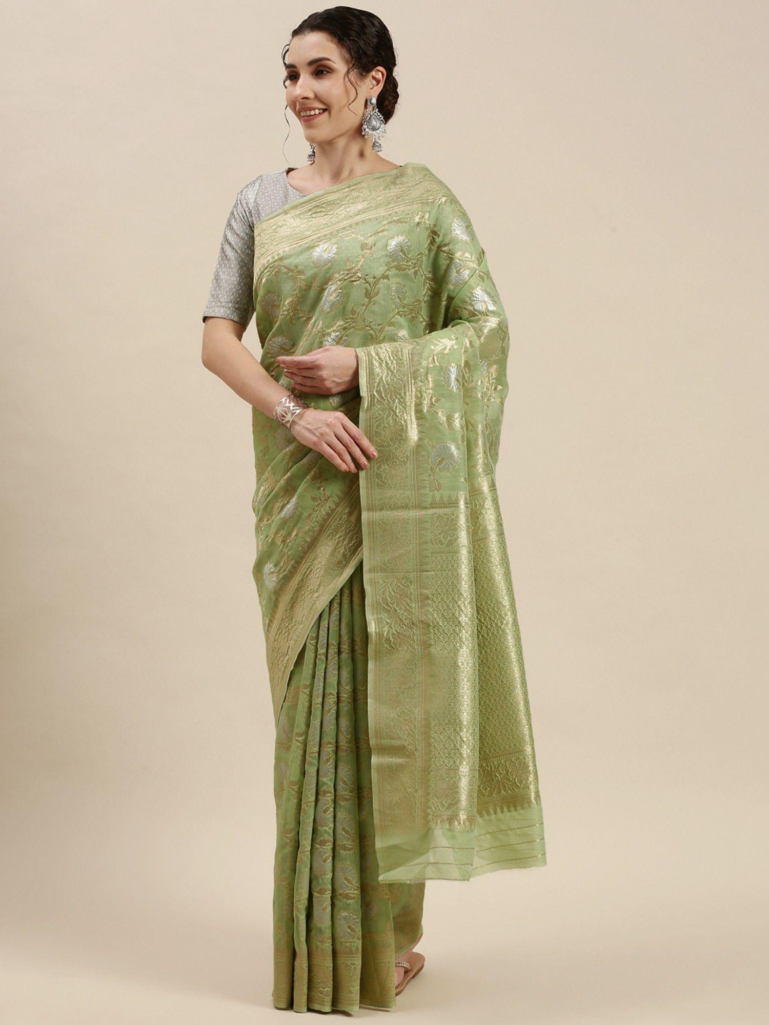 light green linen woven work saree with unstitched blouse with unstitched