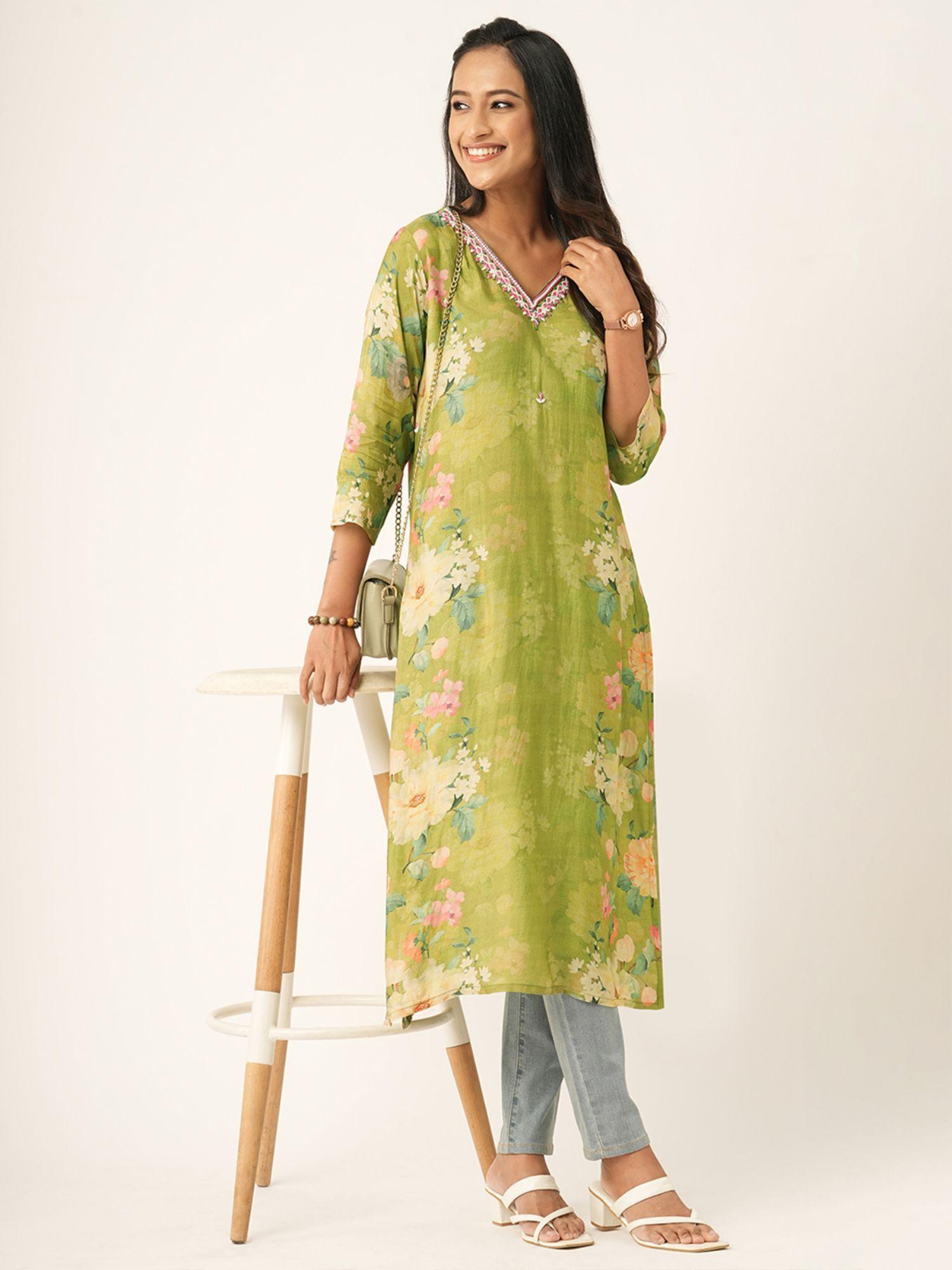 light green muslin printed stitched kurta for women