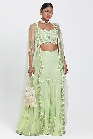 light green net cutdana & beads embroidered cape set