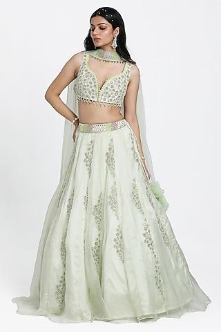 light green organza cutdana & nakshi embroidered lehenga set