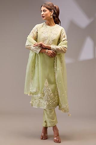 light green organza hand embellished kurta set