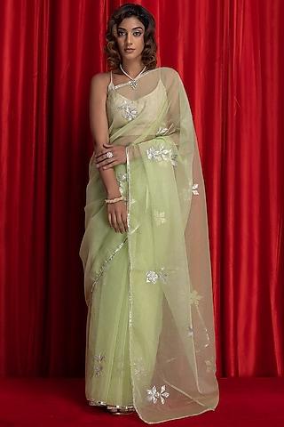 light green organza hand embroidered saree set