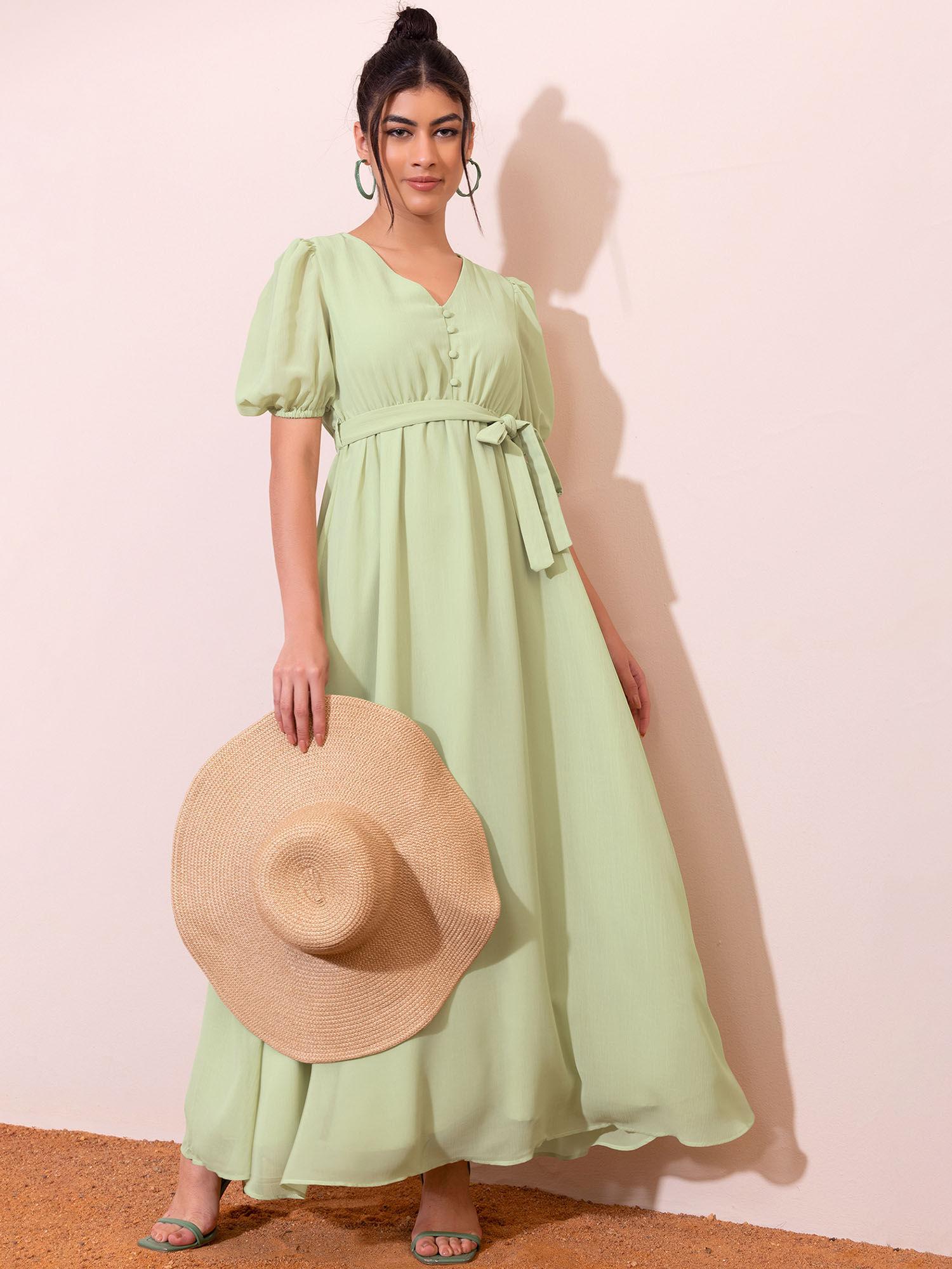 light green pleated maxi dress with fabric belt (set of 2)