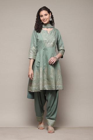 light green print casual 3/4th sleeves round neck women relaxed fit salwar kurta dupatta set