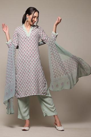 light green print casual 3/4th sleeves v neck women regular fit pant kurta dupatta set