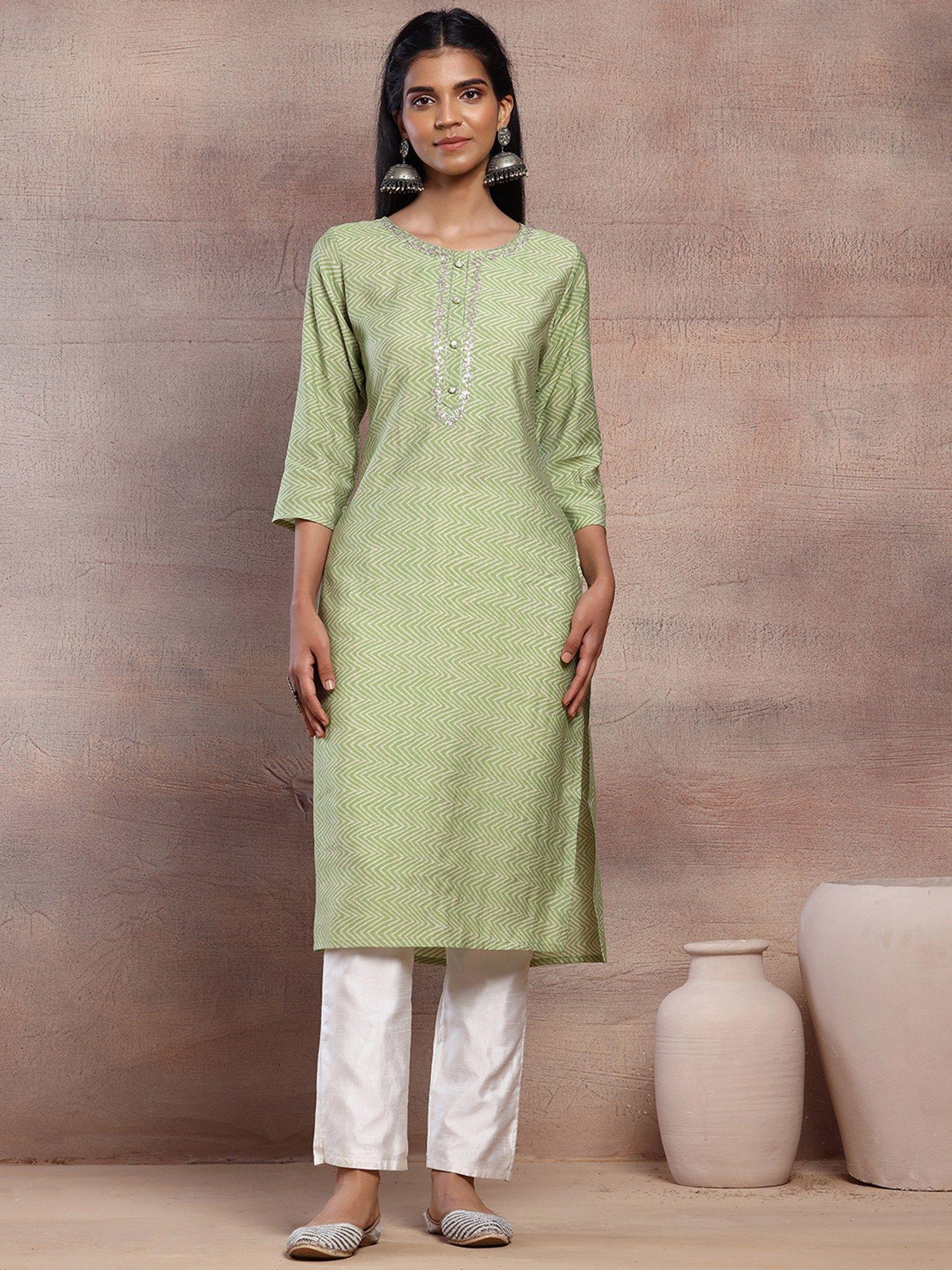 light green print embroidered neck straight kurta