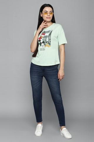 light green printed casual half sleeves round neck women regular fit t-shirt