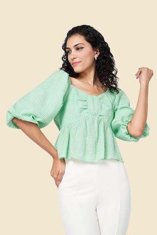 light green printed casual half sleeves square neck women regular fit top