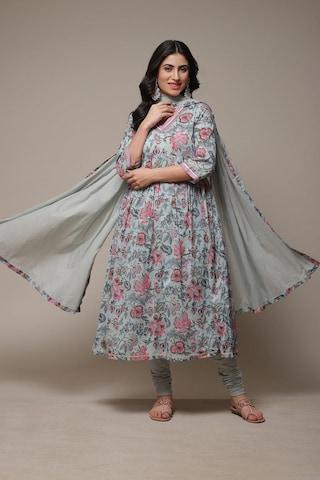 light green printed casual v neck 3/4th sleeves ankle-length women straight fit churidar kurta dupatta set