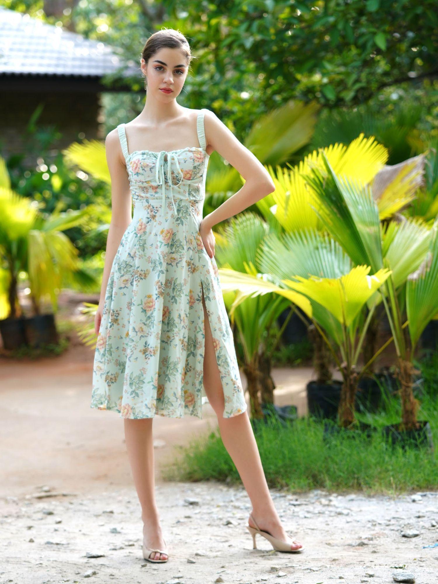 light green printed georgette flared dress