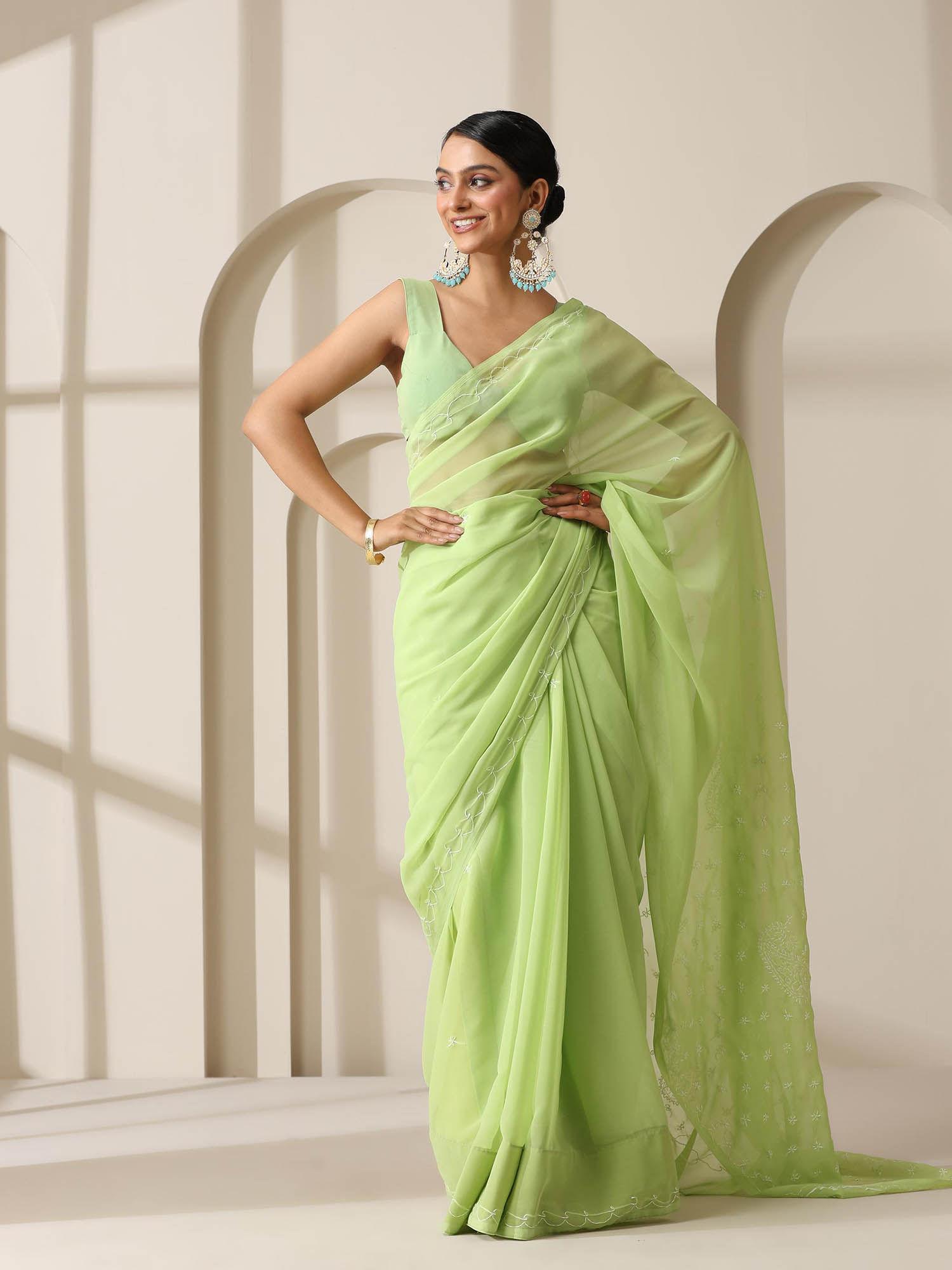 light green rahet hand chikankari saree with unstitched blouse