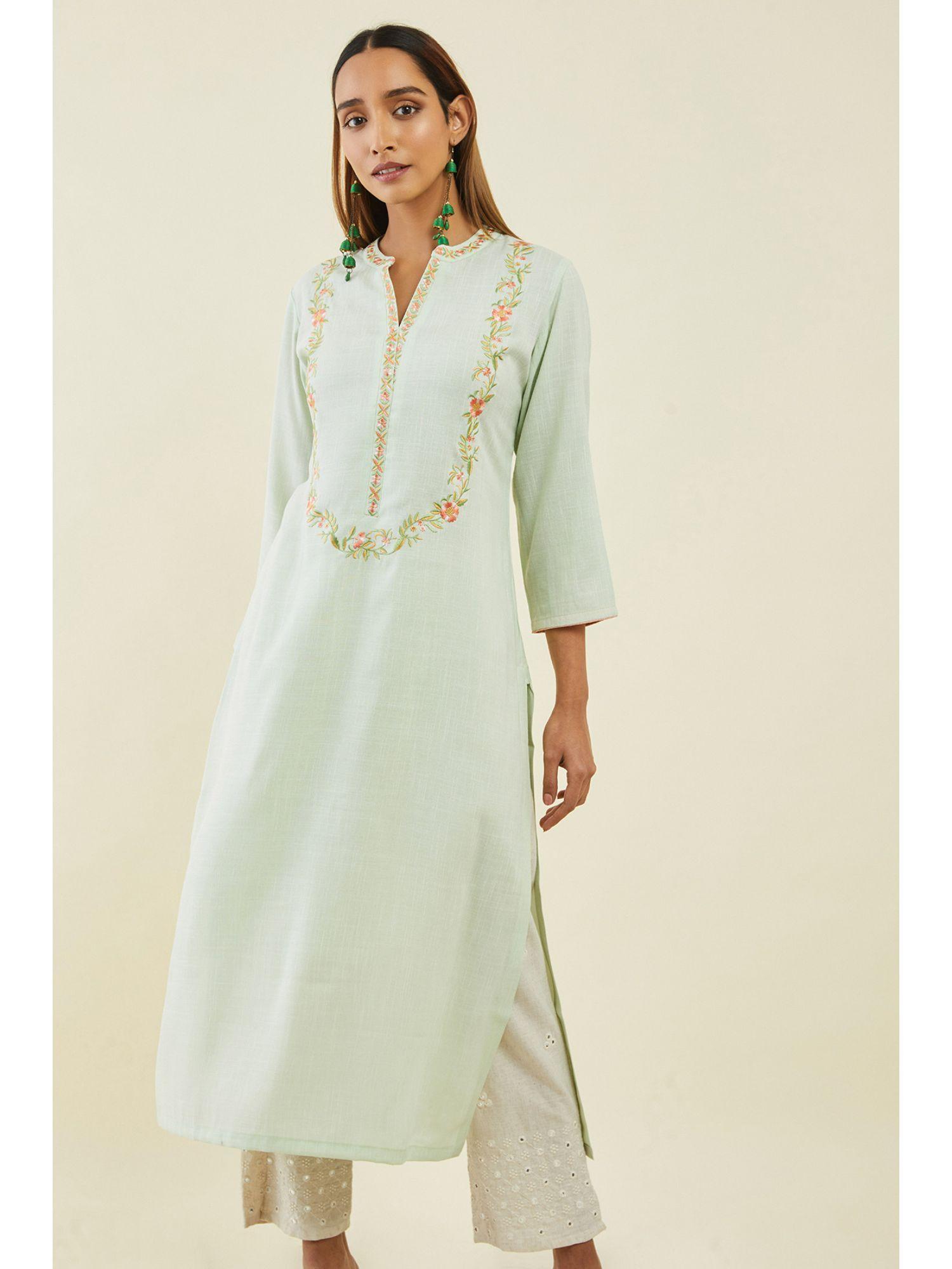 light green rayon kurta with multicolour floral embroidery