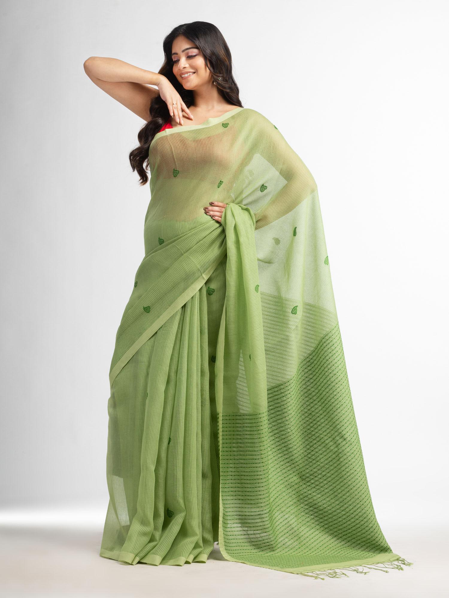 light green resham cotton kota check buti jacquard pallu saree with unstitched blouse