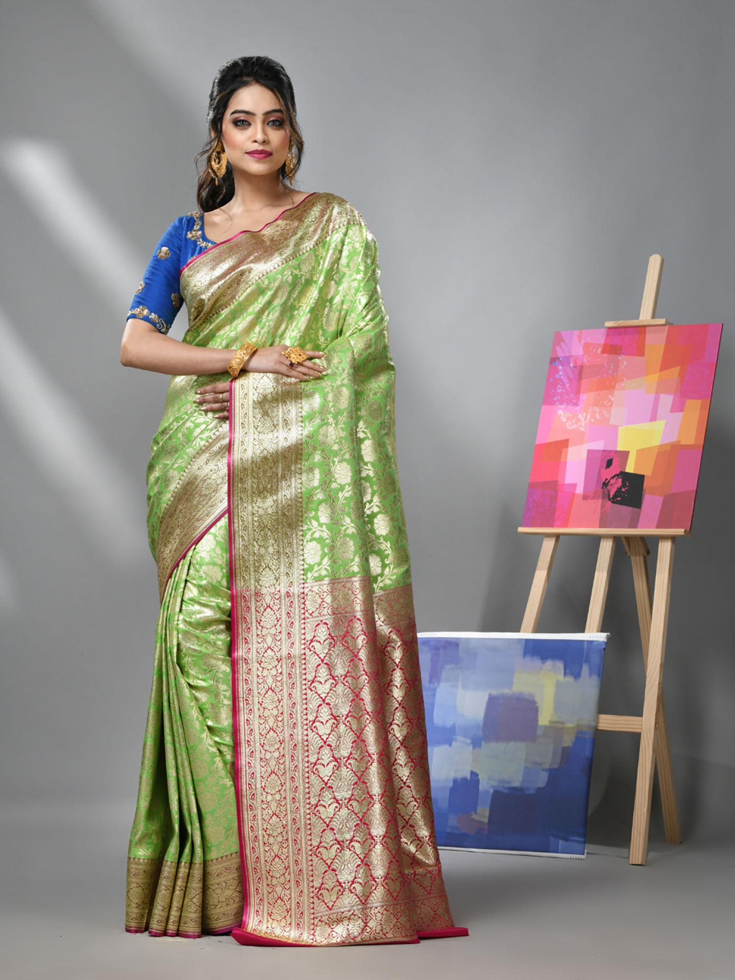 light green silk banarasi saree with zari woven designs & unstitched blouse