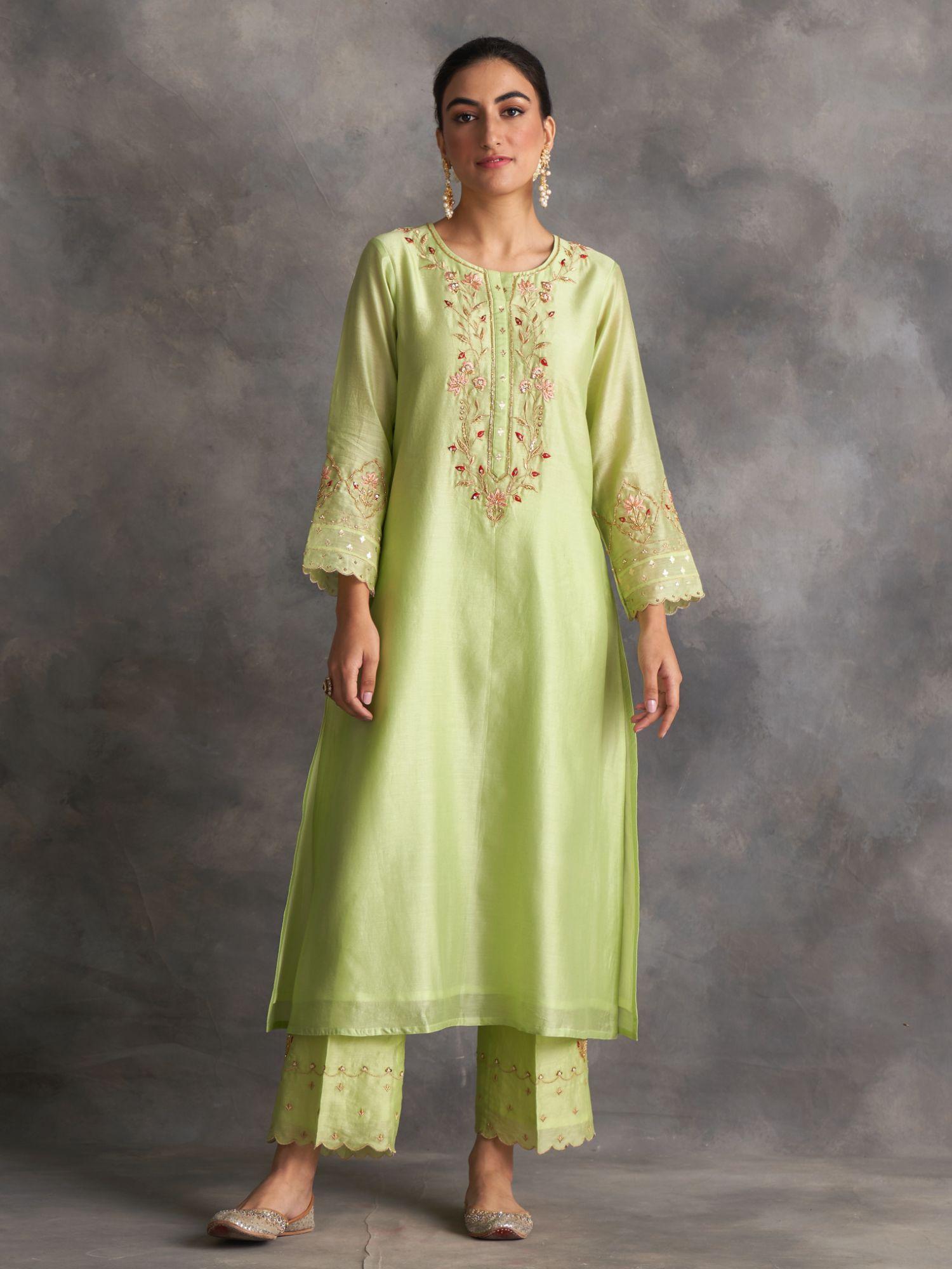light green silk chanderi a-line kurta with hand embroidery