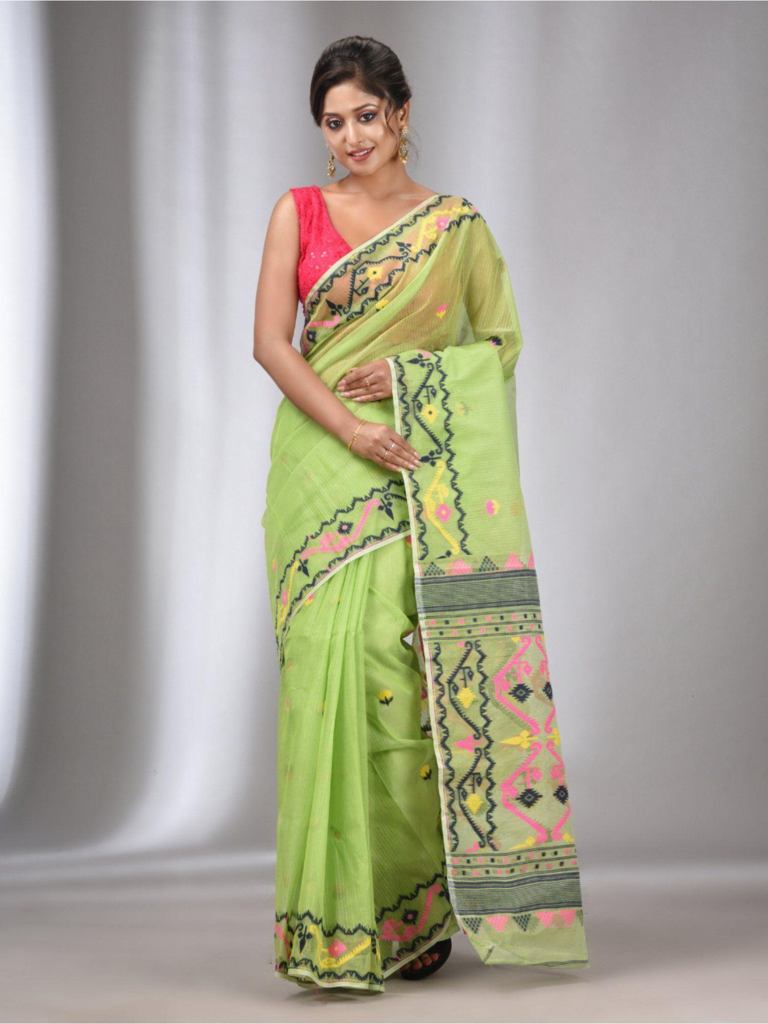 light green silk cotton handwoven soft jamdani saree