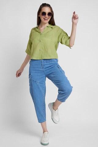 light green solid casual elbow sleeves regular collar women crop fit shirt