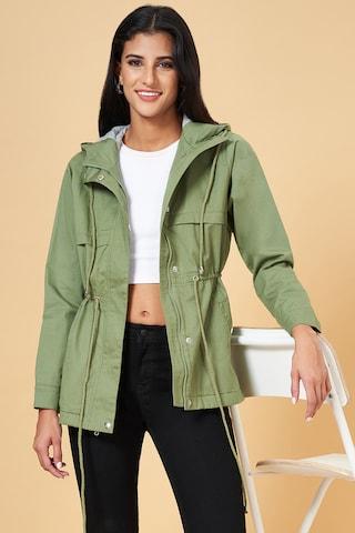 light green solid casual full sleeves hood neck women comfort fit  jacket