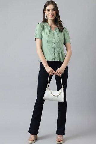 light green solid casual short sleeves v neck women classic fit top