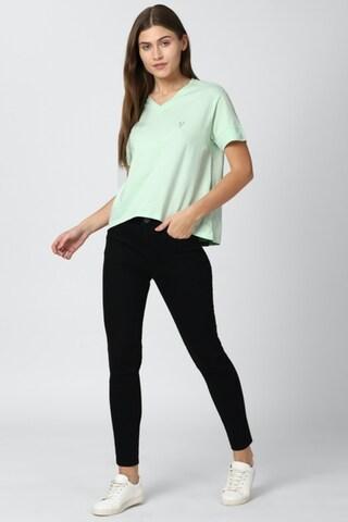 light green solid casual short sleeves v neck women regular fit t-shirt