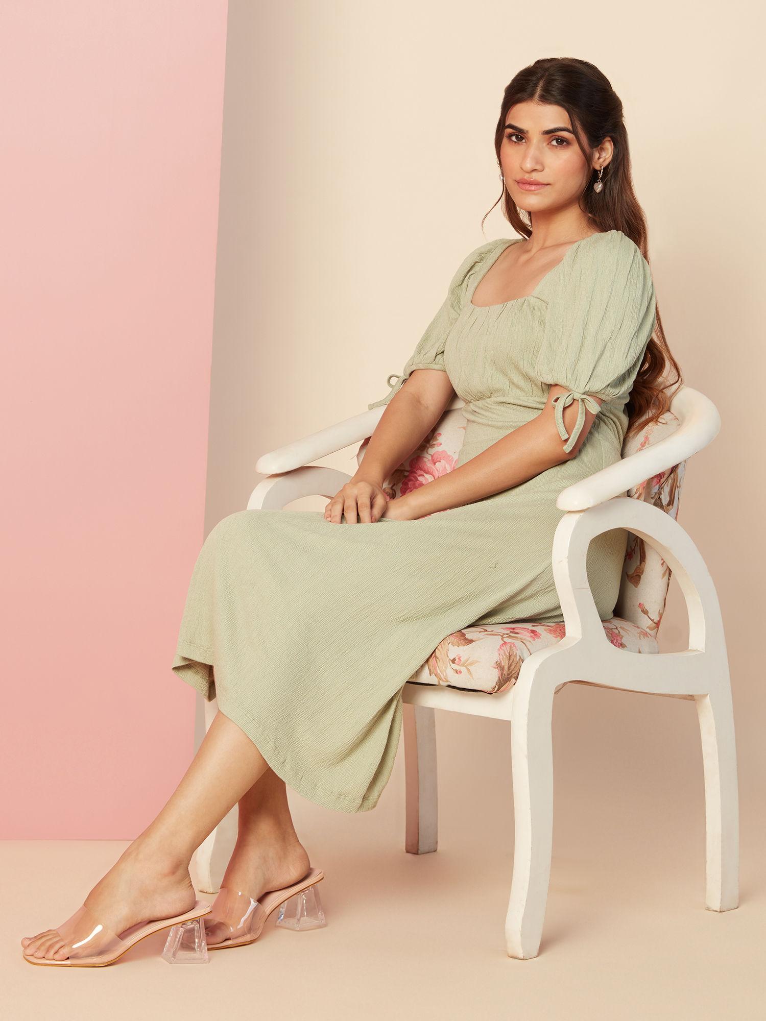 light green solid wide square neck fit and flare midi dress