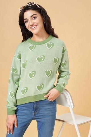 light green textured casual full sleeves round neck women comfort fit sweater