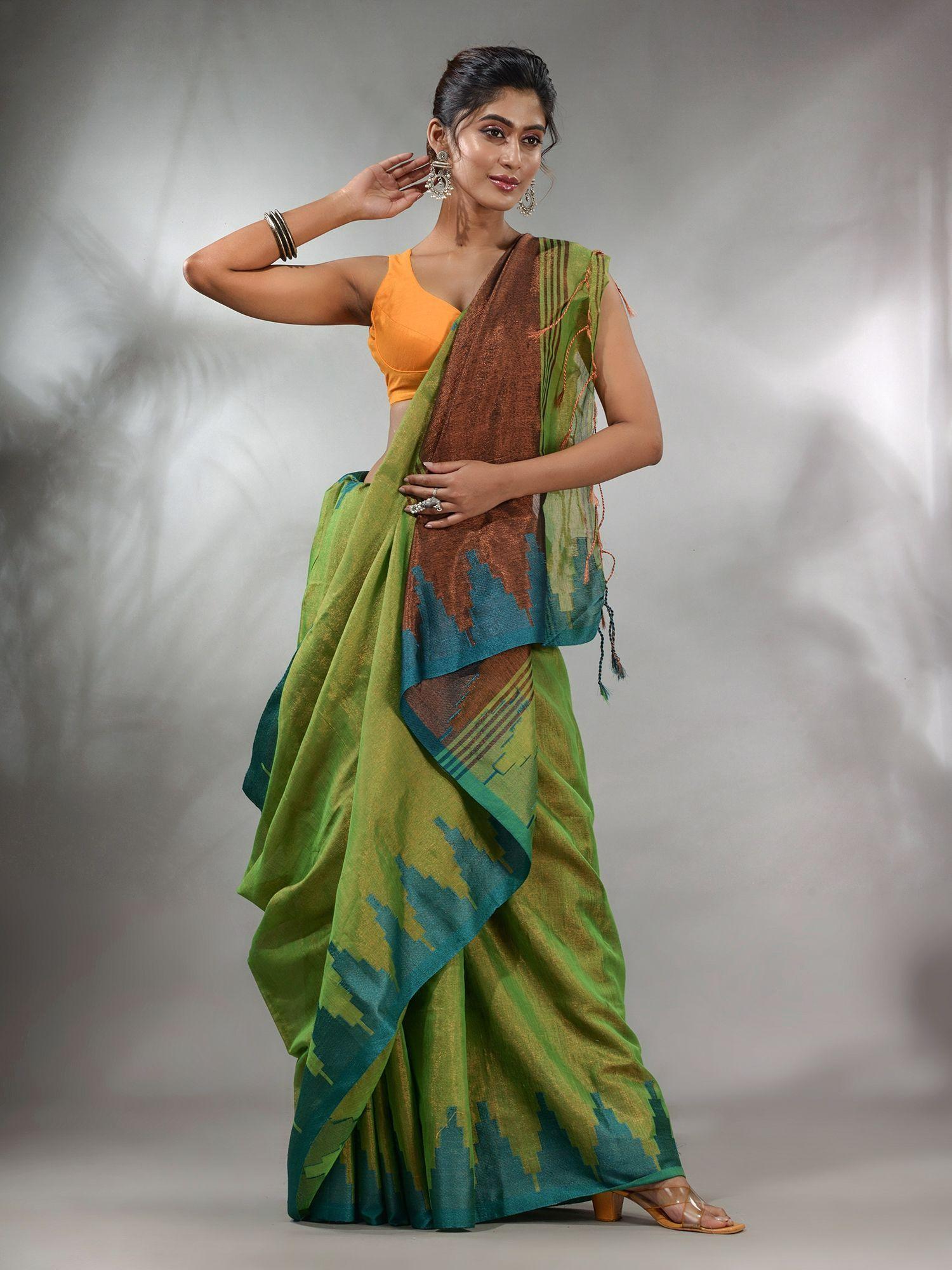 light green tissue handwoven saree with temple borders & unstitched blouse