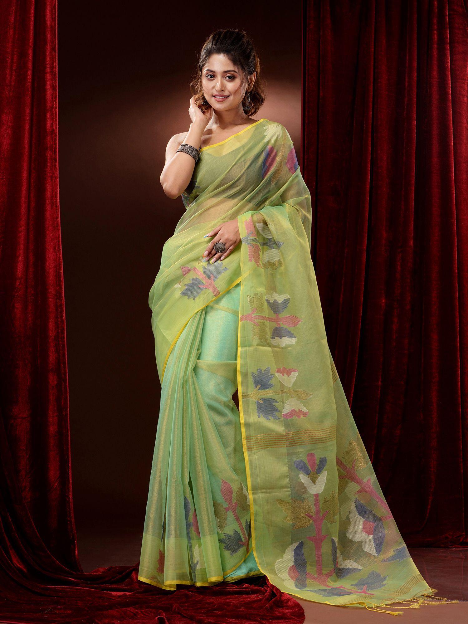 light green tissue muslin handwoven multicolor floral motifs saree with unstitched blouse