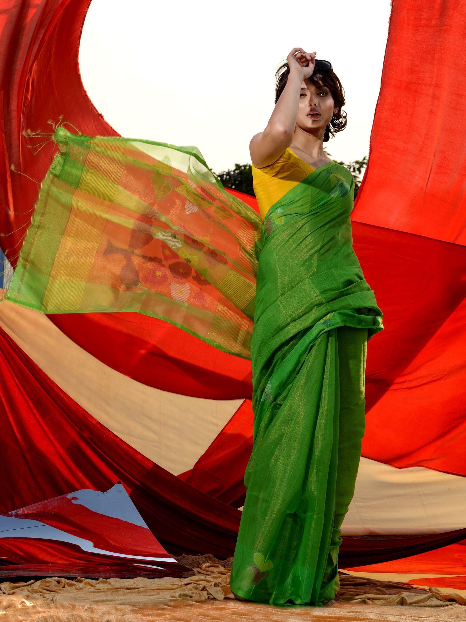 light green tissue muslin handwoven multicolor floral motifs saree with unstitched blouse