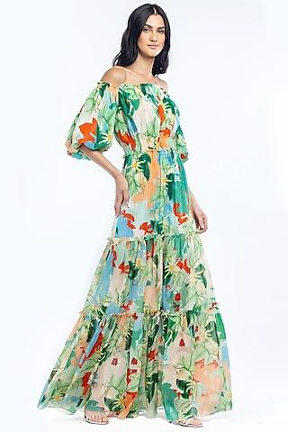 light green tropical printed off-shoulder maxi dress