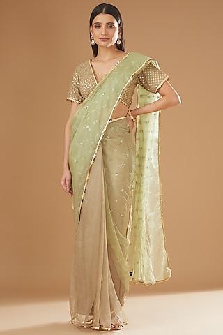 light green viscose organza embroidered pre-pleated saree set