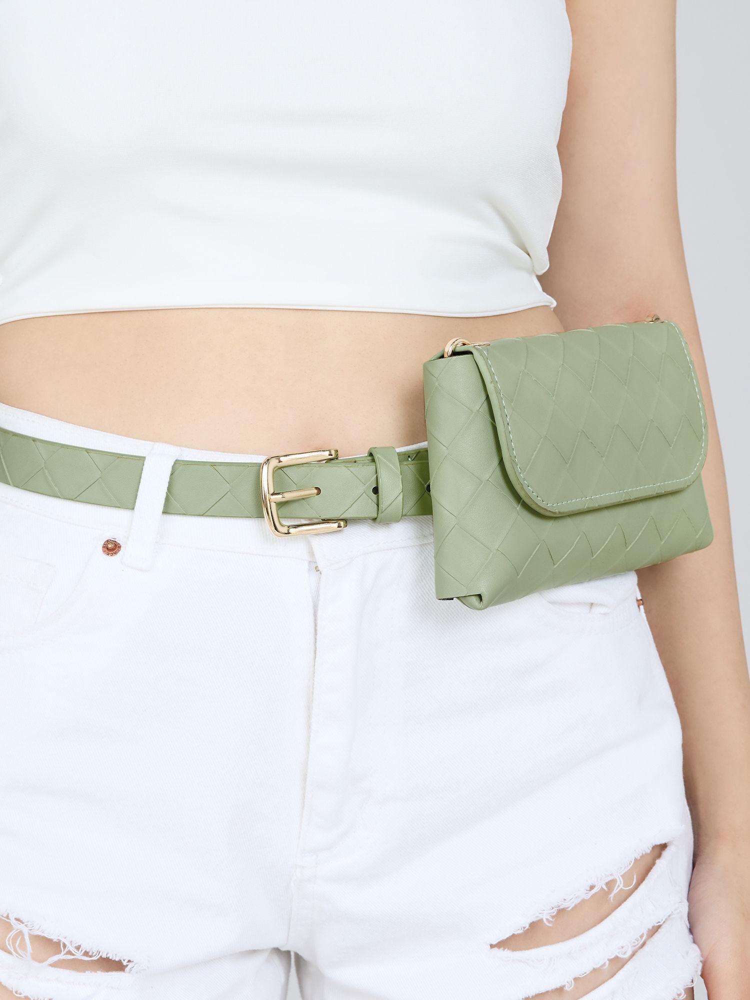 light green woven textured belt bag