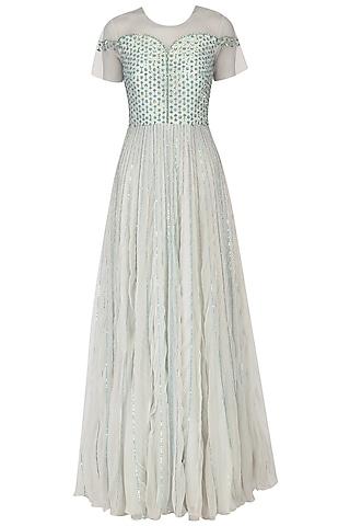 light greenish chiffon hand embroidered layered gown for girls