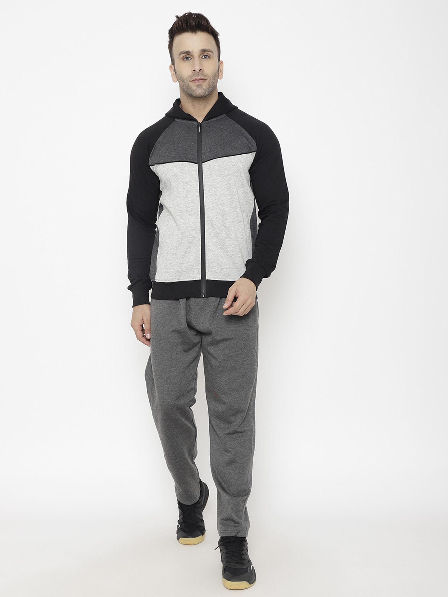 light grey & grey men fleece zipper hooded winter tracksuit (set of 2)