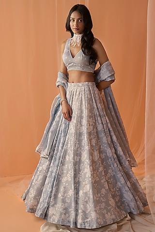 light grey chanderi floral printed lehenga set