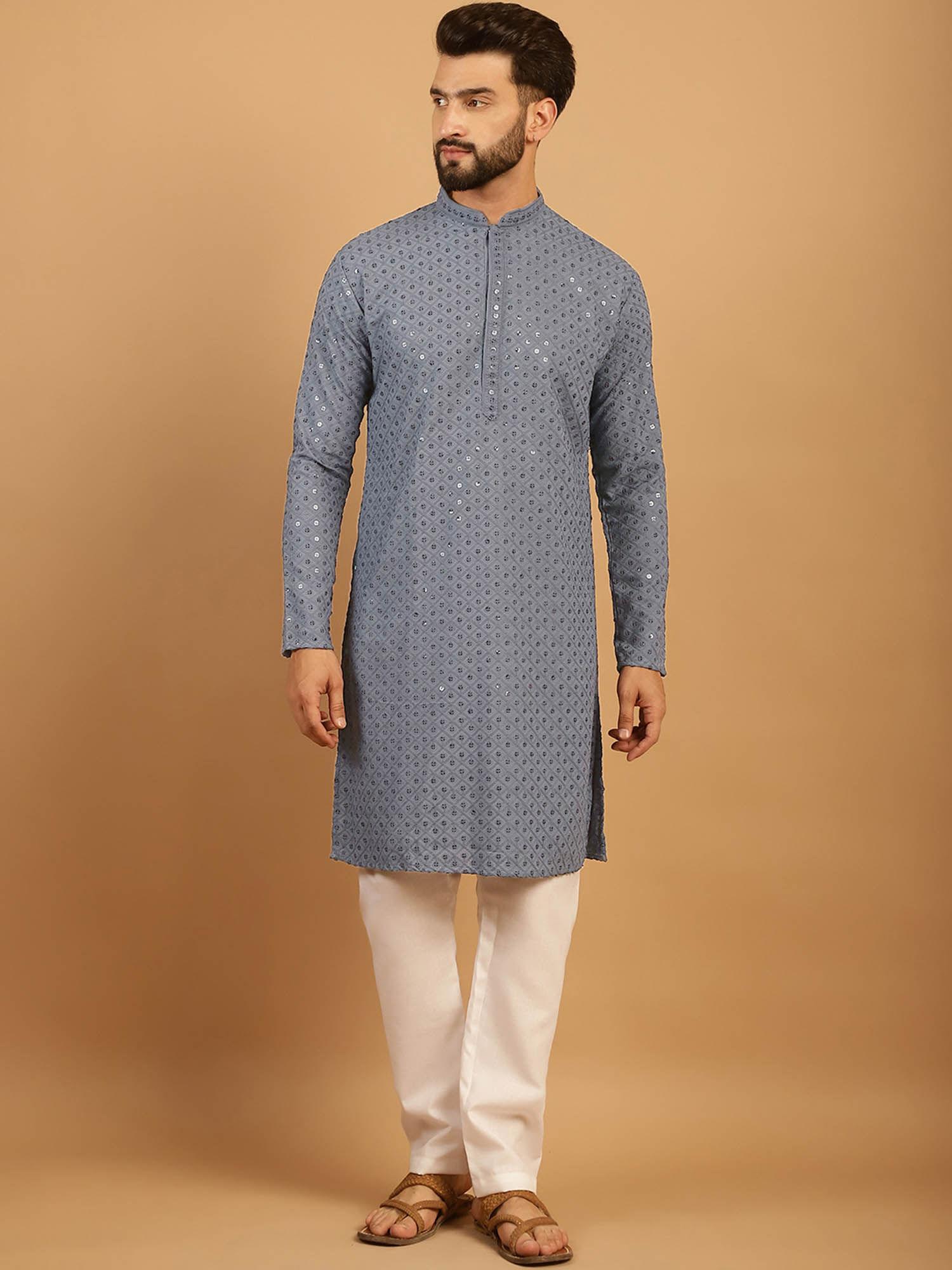 light grey chikankari embroidered kurta with aligarh pyjama (set of 2)